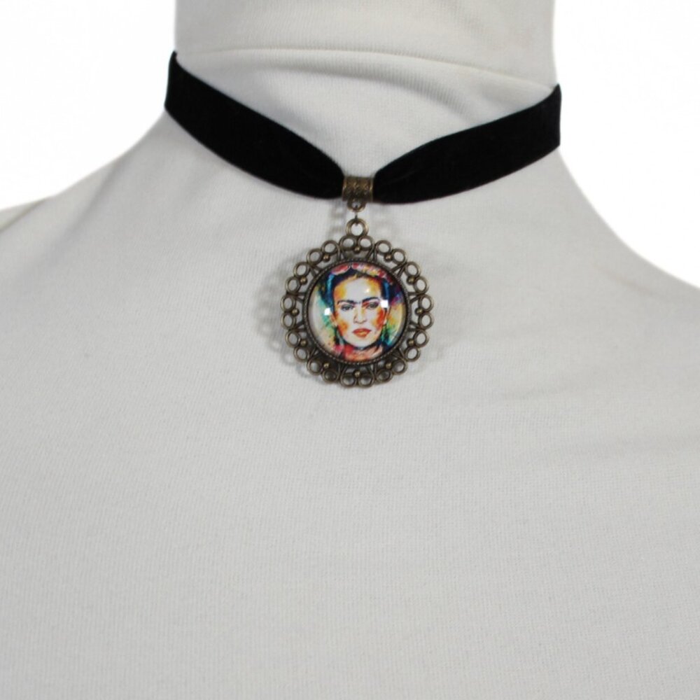 Frida Kahlo Velvet Choker Bronze Cameo Necklace